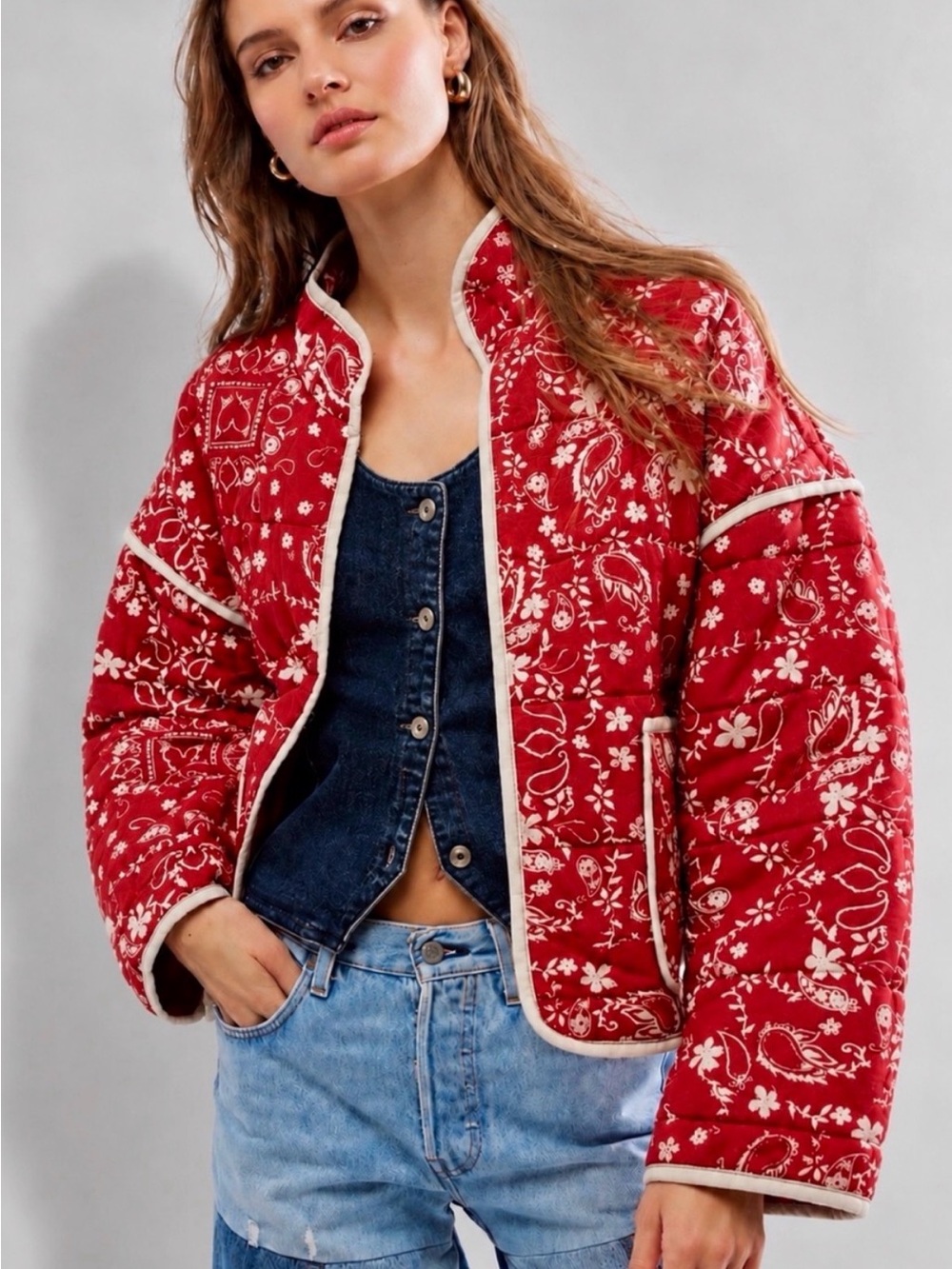Anthropologie AUTRES FILLES Red Bandana Paisley Quilted Jacket Size L